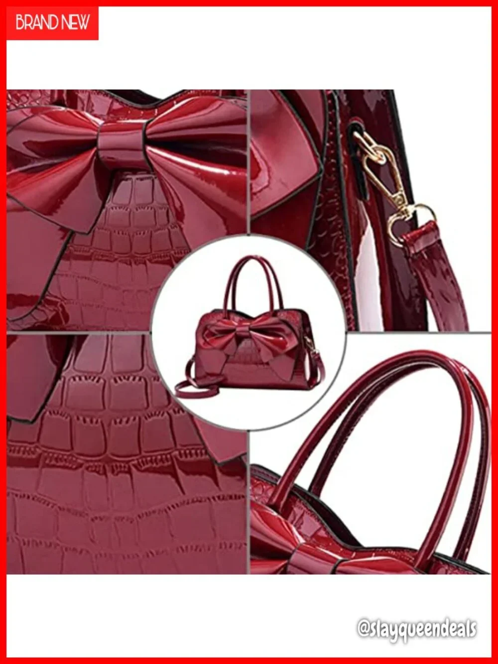 Patent Leather Bowknot Satchel Tote Handbag with Top Handle, Shoulder Strap